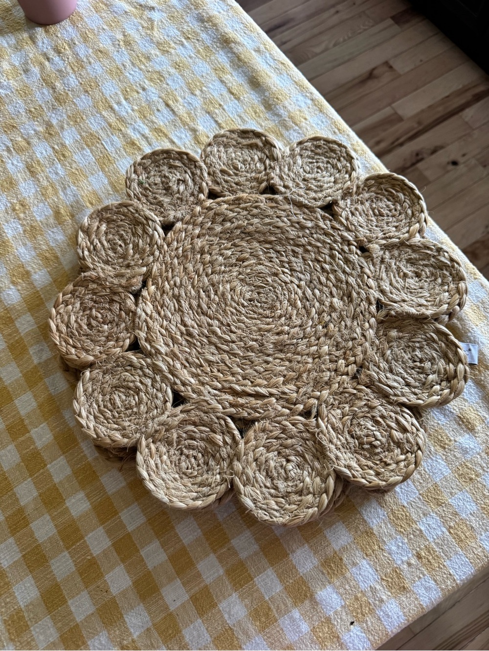 Handwoven Natural Jute Placemats - Round Floral Design, Natural Tan
